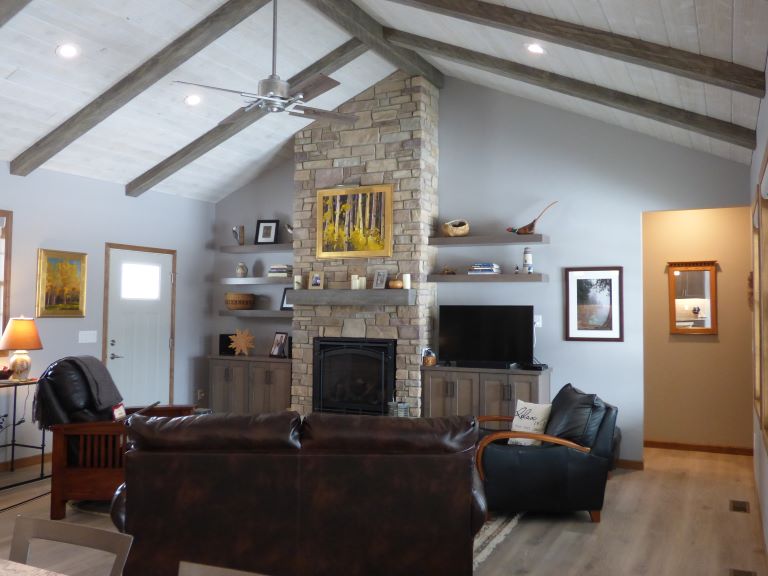 New home vaulted ceiling and fireplace