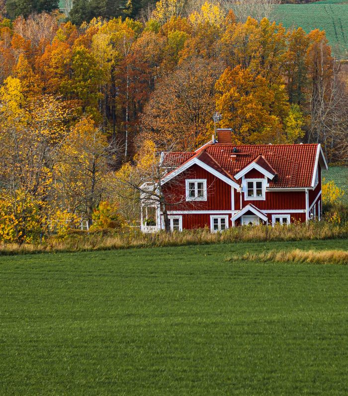 A picturesque red house nestled among colorful autumn trees in a rural countryside setting.